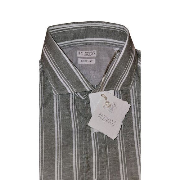 Brunello Cucinelli Men’s Linen Button-Down Shirt Gray White Stripe – Medium - Picture 3 of 11